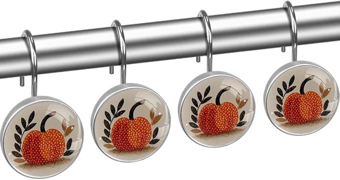 Pumpkin Shower Curtain Hooks, Cute 12Pcs Decorative Bath Shower Curtain Rings for Shower Curtain Rods, Crystal Glass Curtain Hooks for Bathroom, Bedroom, Farmhouse - ModernBath