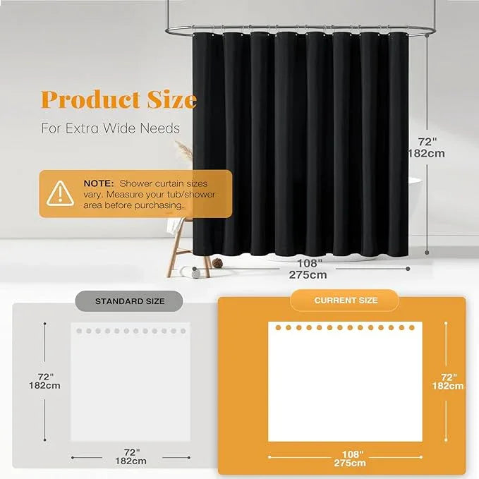 BTTN Extra Wide Shower Curtain - 108x72 Inch Linen Textured Waterproof Fabric Shower Curtain Set with 18 Plastic Hooks, Large Modern Neutral Decorative Shower Curtains for Bathroom and Bathtub - Black - ModernBath