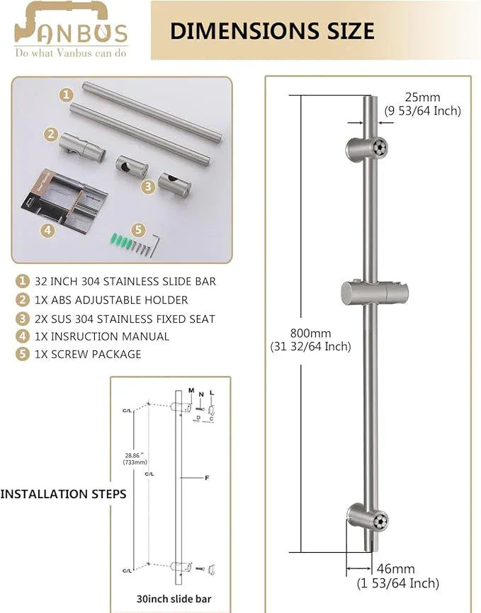 Vanbus Brushed Nickel Shower Slide Bar 32 Inch with Height/Angle Adjustable Handheld Shower head Holder, Bathroom SUS 304 Stainless Steel Wall-Mounted for Bath - ModernBath