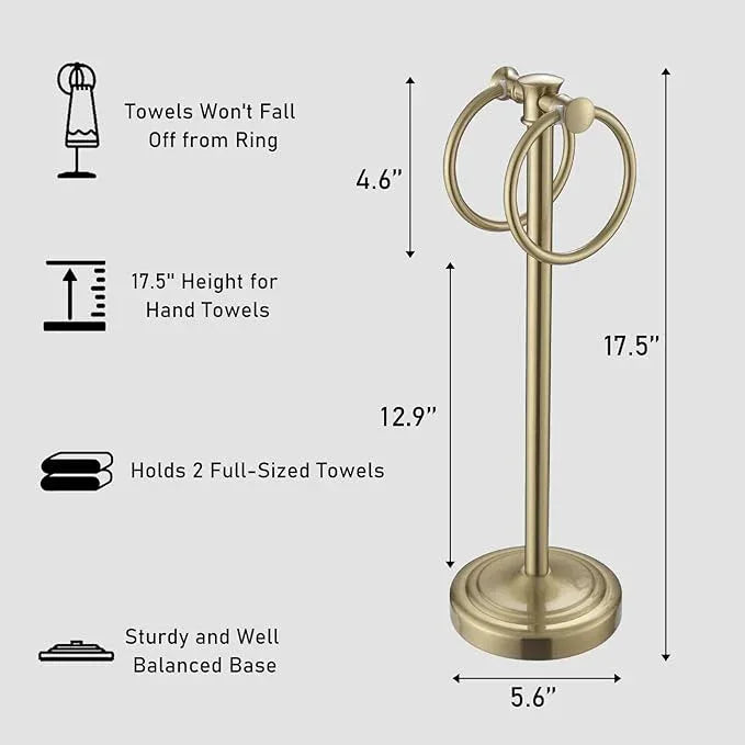 Hoimpro 17" Brushed Gold Free Standing Towel Rack Bracket, Double Towel Ring Hand Towel Stand Holder, Bathroom Hardware Accessories Set Towel Bar for Bathroom Vanities and Kitchen Countertops - ModernBath