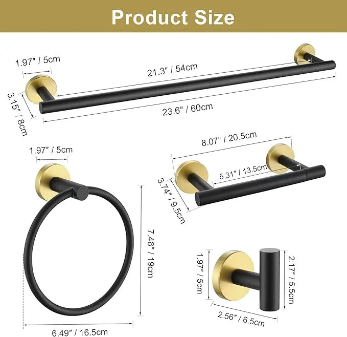 Black and Gold Towel Bar Bathroom Hardware Accessories Set, 10 Pieces Upgraded Round Toilet Paper Holder Towel Rack for Bathroom Wall Mounted, 23.6 Inch Stainless Steel Towel Rods for Bathroom - ModernBath