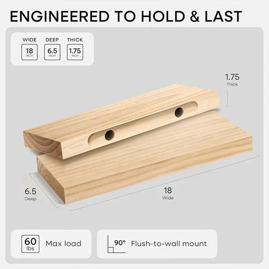 Homeforia 18 inch Natural Floating Shelf, High End Solid Real Wood 18inch Small Floating Shelves for Wall Mounted, Natural Wooden Floating Shelves, Heavy Duty Bracket, 18 X 6.5 X 1.75 in, Set of 2 - ModernBath