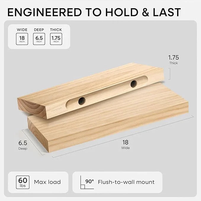 Homeforia 18 inch Natural Floating Shelf, High End Solid Real Wood 18inch Small Floating Shelves for Wall Mounted, Natural Wooden Floating Shelves, Heavy Duty Bracket, 18 X 6.5 X 1.75 in, Set of 4 - ModernBath