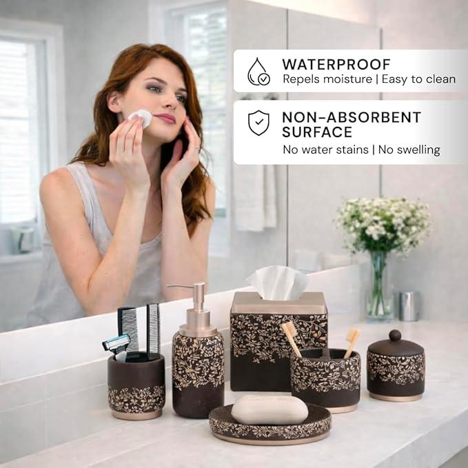 Decozen Bathroom Accessories Set 6Pcs – Soap Dispenser, Toothbrush Holder, Tumbler, Soap Dish & Cotton Swab Jar – Modern Bathroom Decor, Bath Set for Christmas Decor, Stella - ModernBath
