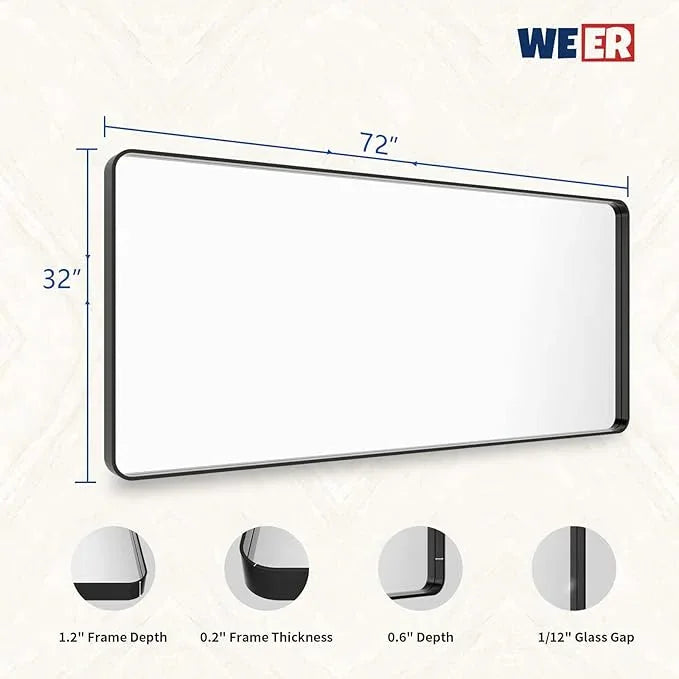WEER Black Metal Framed Mirror 72X32 Inch, Black Bathroom Vanity Mirror, Rounded Rectangle Matte Black Bathroom Mirror for Wall, Tempered Glass, Anti-Rust, Hangs Horizontal or Vertical - ModernBath