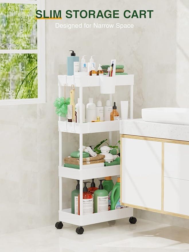 LEHOM Slim Rolling Storage Cart - 4 Tiers Bathroom Organizer Utility Cart Slide Out Storage Shelves Mobile Shelving Unit for Kitchen, Bedroom, Office, Laundry Room, Small Narrow Spaces (7.1" W+White) - ModernBath