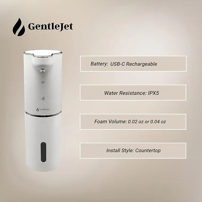 GentleJet JetFoam Automatic Foam Soap Dispenser - Touchless Electric Soap Dispenser, USB-C Rechargeable, Adjustable Foam Levels, 10 oz Countertop Hands-Free Soap Pump for Bathroom & Kitchen (White) - ModernBath