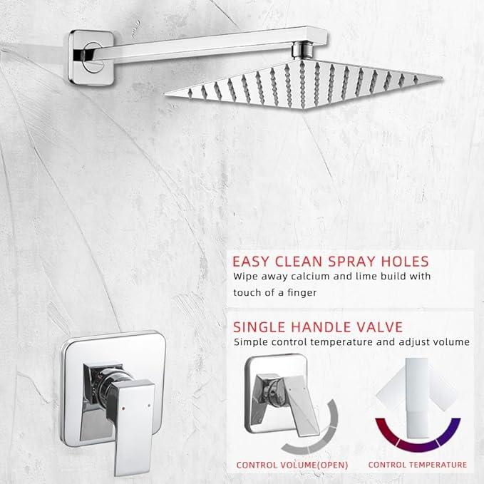 Heable Shower Faucet Set Chrome, Single Function Shower Trim Kit with Rough-in Valve Bathroom Luxury Rain Shower Set Rainfall Shower System with Square Stainless Steel Metal Showerhead - ModernBath