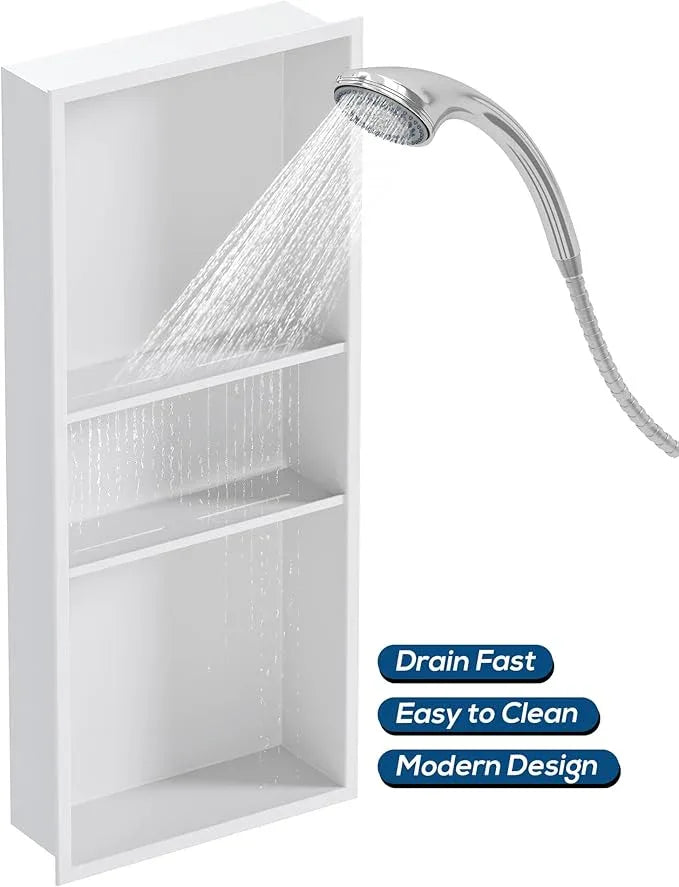 Qeke Stainless Steel Shower Niche 12" X 30", No Tile Needed Wall Niche Three-Tier, Recessed Shower Shelf for Bathroom Storage, Matte White - ModernBath