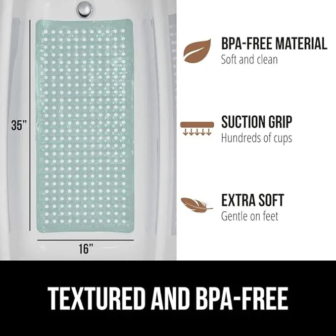 GORILLA GRIP Patented Bath Tub Shower Mat, Machine Washable Bathtub Floor Liner Mats, Suction Cups and Drain Holes to Keep Tubs Clean, Soft on Feet, Bathroom Essentials, 35x16 Inch, Mint Opaque - ModernBath