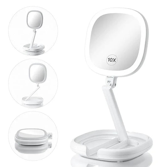 Beautifive 6.3” Makeup Mirror with Light and Magnification, 10X/1X Light Up Makeup Mirror Lighted Make Up Mirror with Adjustable Height Double Sides Folding Magnifying Mirror with Light - ModernBath