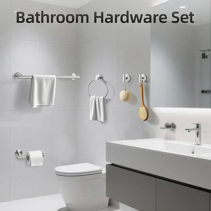 Brushed Nickel Towel Bar Set 5 Pieces, SUS304 Stainless Steel Bathroom Hardware Set, Bathroom Towel Holder Set Wall Mounted-16 Inch Towel Bar, Toilet Paper Holder, Towel Hooks, Towel Ring - ModernBath