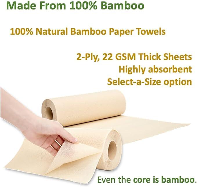 Purafide 100% Bamboo Paper Towels, Tree-Free, Chemical-Free, Lint-Free, Durable, Absorbent, Select-a-Size 2-Ply, 90 Sheets Per Roll. (PT 12 Rolls) - ModernBath