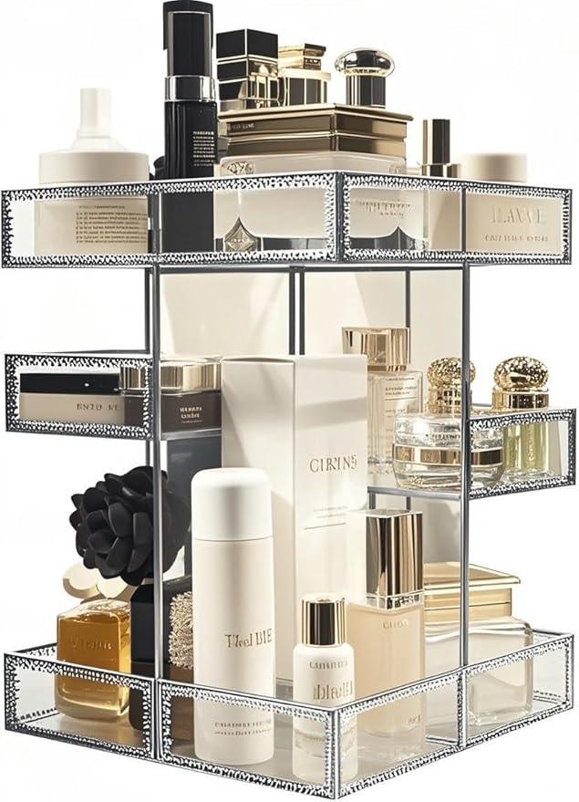 Hersoo 360 Degree Rotation Cosmetic Organizer -Premium Makeup Storage with Spin Base,Antique Countertop Cosmetic Storage,Large Capacity,Beauty Display for Countertop,Vanity or Bathroom (silver) - ModernBath