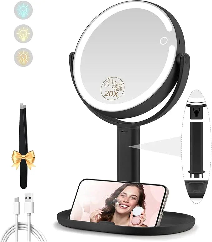 MOMOKUBA Makeup Mirror with Lights, Double Sided 1x/20x Magnifying Mirror with Light, Rechargeable 3 Color Lights and Adjustable Brightness, 360° Rotation Detachable Comes with Tweezer(Black) - ModernBath