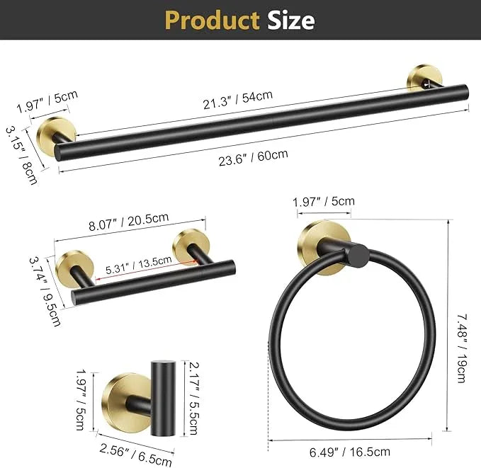 TQKAG Black and Gold 5 Piece Bathroom Hardware Accessories Set 23.6" SUS304 Stainless Steel Bathroom Towel Bar Holder Sets Double Post Pivoting Toilet Paper Holder Set Wall Mounted - ModernBath