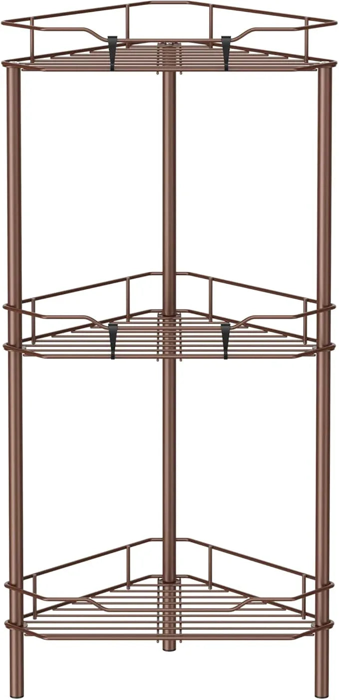3 Tier Floor Standing Corner Shower Caddy Organizer Shelf with Hooks, Bathroom Shelves Stand Rack, Coffee - ModernBath