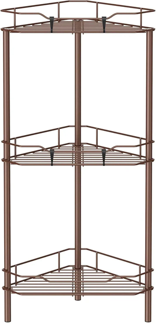 3 Tier Floor Standing Corner Shower Caddy Organizer Shelf with Hooks, Bathroom Shelves Stand Rack, Coffee - ModernBath