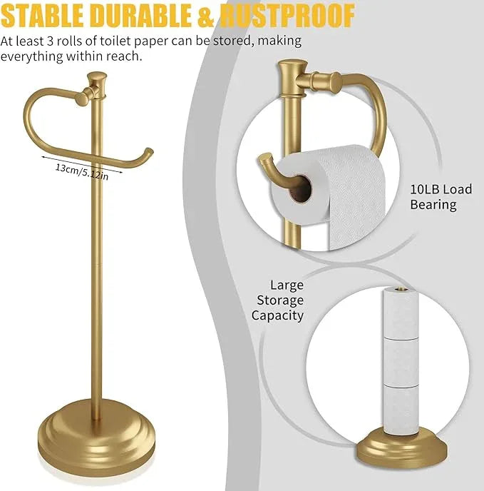 BESy Toilet Paper Holder Free Standing Bathroom Toilet Tissue Holder Stand for Floor Toilet Paper Roll Holder with Storage Hardware Accessories Rack Hand Towel Bar Brushed Gold Stainless Steel - ModernBath