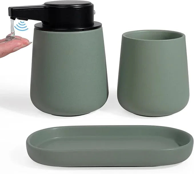 INGOFIN Automatic Ceramic Bathroom Accessory Set - 3 Pcs Auto Liquid Soap Dispenser Touchless, Toothbrush Holder & Tray, Smart Electric Bathroom Counter Set for Home, Guest Room, or Office, Green - ModernBath