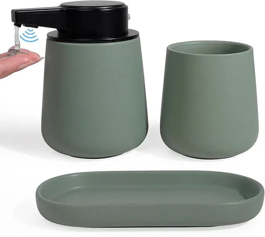 INGOFIN Automatic Ceramic Bathroom Accessory Set - 3 Pcs Auto Liquid Soap Dispenser Touchless, Toothbrush Holder & Tray, Smart Electric Bathroom Counter Set for Home, Guest Room, or Office, Green - ModernBath
