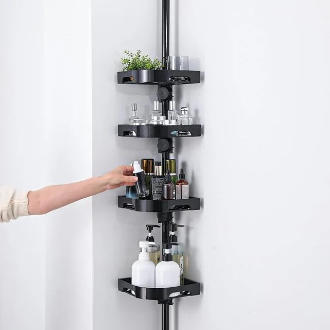 akinbas Tension Pole Shower Caddy Organizer with4 Tier L-Shaped Rust Resistant Bathroom Corner Shelves with 34-124 Inch Adjustable No Drilling Quick Install Shower Rack for Bath Essentials (Black) - ModernBath