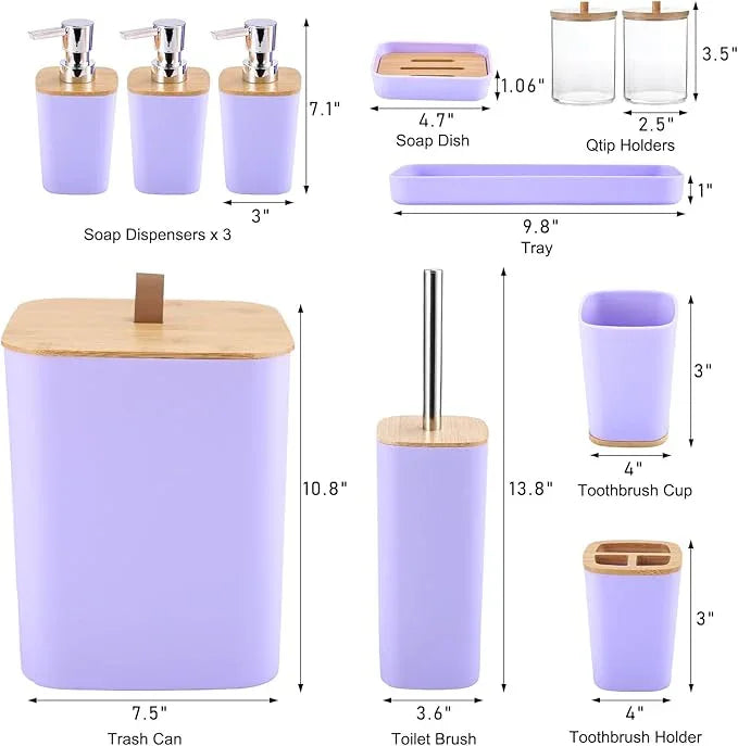 XLHOMO Purple Bathroom Accessories, Bathroom Accessories Set with Trash Can, Soap Dispenser, Toothbrush Holder, Toothbrush Cup, Soap Dish, Toilet Brush, Tray and Q-tip Holders for Housewarming - ModernBath