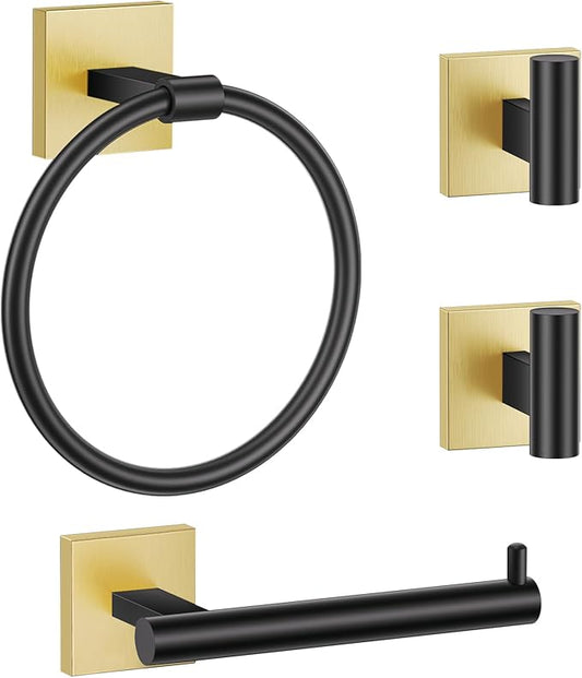 Towel Ring Set 4 Piece Bathroom Hardware Set Includes Towel Ring 2 Towel Hooks and Toilet Paper Holder Stainless Steel Wall Mounted (Black Gold)