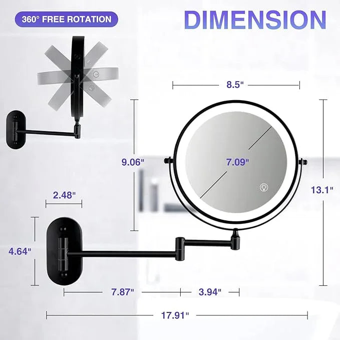 Rechargeable Wall Mounted Makeup Mirror, 8.5 inch Double-Sided 1/10x Magnifying Bathroom Mirror with 3 Color Lights, Lighted Vanity Mirror with 2-Touch Screen Dimming & Luminance Memory - ModernBath