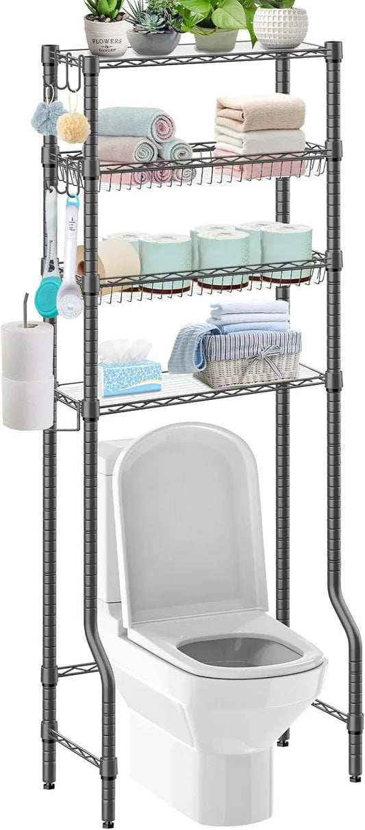 Over The Toilet Storage, 4-Tier Over Toilet Shelf Organizer Metal Storage Rack Freestanding Bathroom Space Saver with Adjustable Shelves and Baskets, Gray - ModernBath