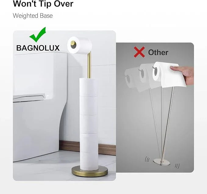 BAGNOLUX Bathroom Toilet Paper Holder Stand with Reserve, SUS304 Stainless Steel Rustproof Pedestal Tissue Roll Holder Heavy Duty, Brushed Light Yellow Gold - ModernBath