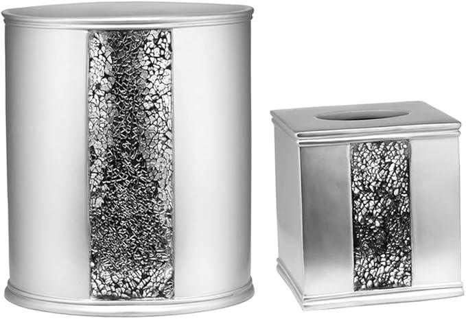 Zahari Home 2pc Sinatra Silver Modern Bath Accessories Set Waste Basket & Tissue Box Modern Classic Contemporary Decorative Beautiful Designs Bathroom Decor Set for Home Mosaic Glass - ModernBath