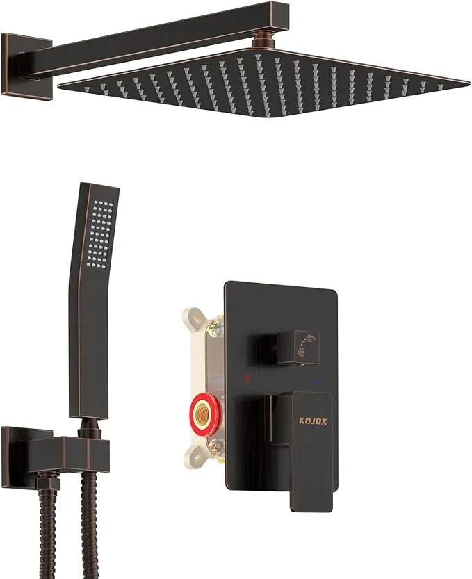 KOJOX Oil Rubbed Bronze Shower System with High Pressure 12 Inch Rainfall Shower Head, Handheld Shower head and Shower Faucet Trim valve, Bathroom Luxury Rain Mixer Shower Set Wall Mounted - ModernBath