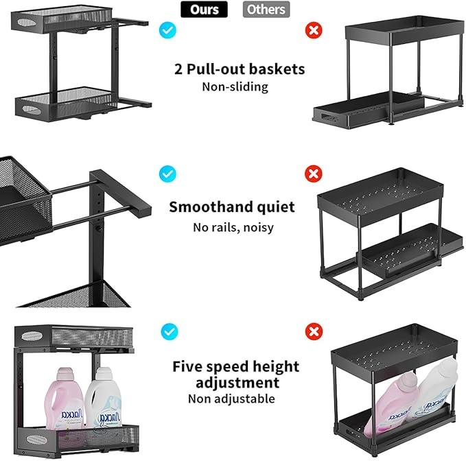 Under Sink Organizer, 2-Tier Pull Out Cabinet Organizer with Adjustable Height, Use in Kitchen Bathroom Cabinet and Countertop Storage, Black, 2-Pack - ModernBath