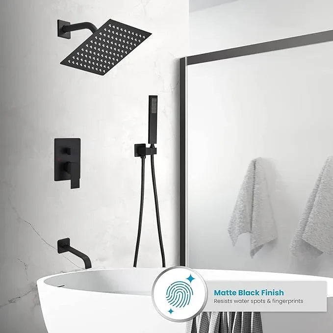 Heable Matte Black Shower Faucet Set with Tub Spout Bathroom Rainfall 8 Inch Shower Head System with Handheld Single Handle Shower Trim Kit with Rough-in Valve - ModernBath