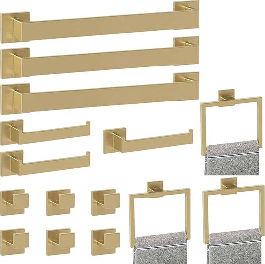 Bathroom Accessory Towel Bar Set: 15 Pieces Gold Bathroom Hardware Square SUS304 Stainless Steel - Wall Mounted Towel Rack&Toilet Paper Holder&Towel Ring and Towel Hook - ModernBath