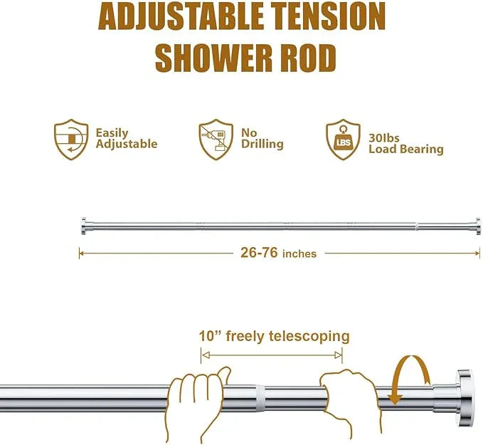 Ausemku Shower Curtain Rod 26-76 Inch Adjustable - 0.85 Inch Diameter Heavy Duty Spring Tension Rod, No Drill Stainless Steel Telescoping Rod, Anti Rust, Non Slip, Silver - ModernBath