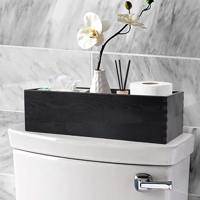 LotFancy Bathroom Decor Box, 2 Pack Wooden Toilet Paper Holder, Black Toilet Tank Storage Basket, Farmhouse Rustic Back of Toilet Tray - ModernBath