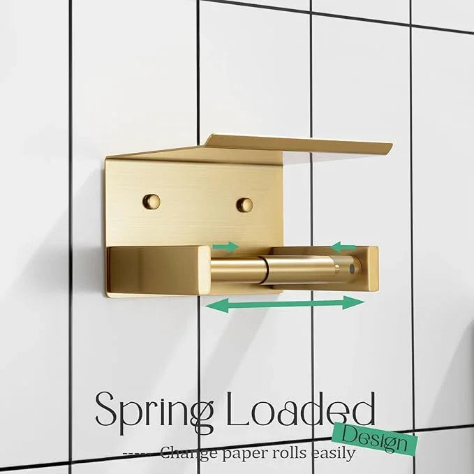 KOKOSIRI Roll Paper Holder Spring Loaded Tissue Paper Holder Bathroom Toilet Roll Holder with Shelf Wall Mounted Stainless Steel Brushed Gold B2012BG - ModernBath