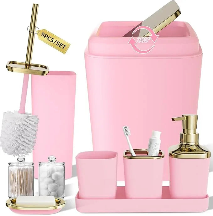 XLHOMO Pink Bathroom Accessories Set, Pink and Gold Bathroom Accessories with Trash Can, Soap Dispenser, Soap Dish, Toothbrush Holder and Q-tip Holders - ModernBath