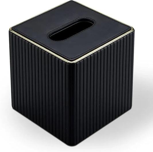 KINGFOM Tissue Box Cover, PU Leather Square Tissue Box Holder for Kleenexs with Magnetic Bottom Cover for Facial Tissues/Napkins, Office & Living Room Decor Box Black - ModernBath
