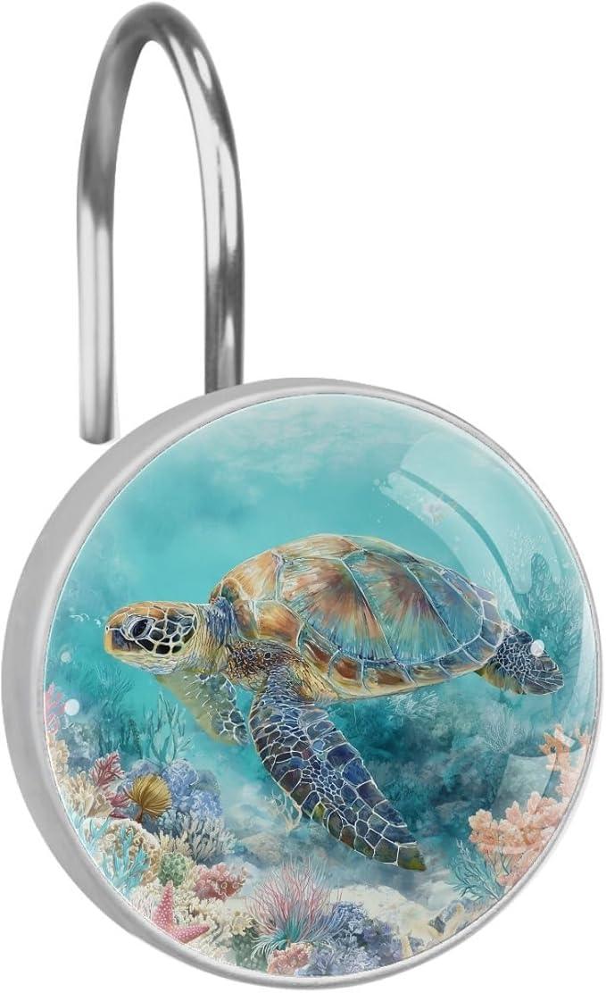 Sea Turtle Shower Curtain Hooks, 12Pcs Decorative Rust Resistant Shower Rings for Shower Curtain Rods, Stainless Steel Round Curtain Hooks for Bathroom, Bedroom, Farmhouse - ModernBath