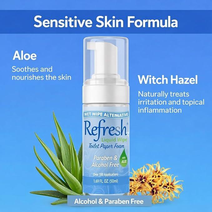 Refresh Liquid Wipe Free - Toilet Paper Foam for Sensitive Skin - Flushable Wet Wipe Alternative - Cleanses & Soothes with Witch Hazel & Aloe - Alcohol & Paraben Free, 1.69 oz (1 Pack) - ModernBath