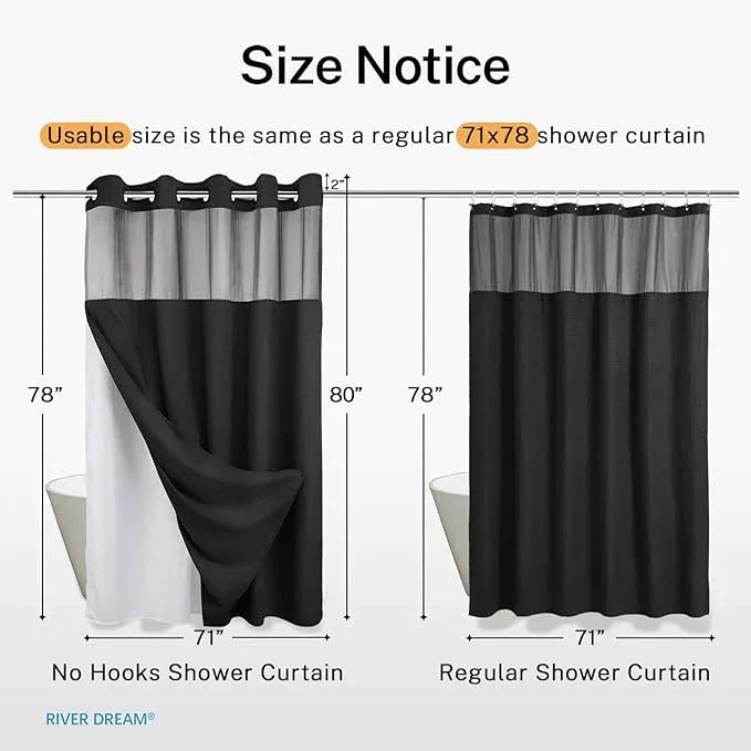 River Dream Heavyweight No Hooks Required Dotted Waffle Weave Shower Curtain with Snap in Liner - 71W x 80H,Hotel Grade,Spa Like Bath Curtain,Graphite Black - ModernBath