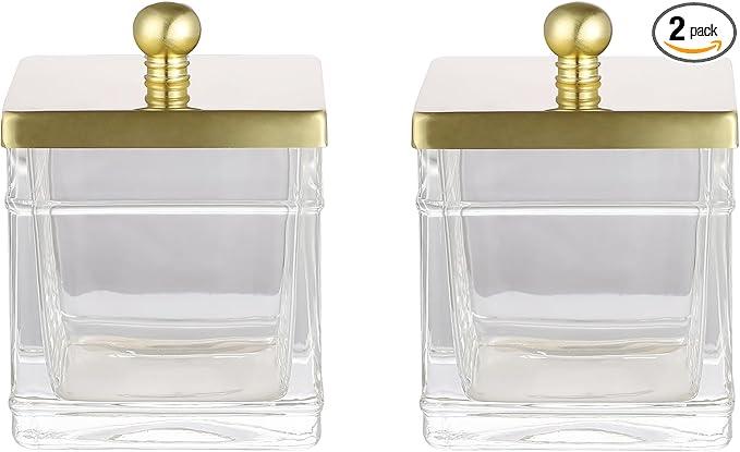 Indecor Home Glass Cotton Jar Holder 2 Pack– Brushed Gold Lid, Elegant Bathroom Storage Canister for Qtips, Cotton Balls, Floss, Makeup Organizer, Vanity & Bathroom Organization - ModernBath