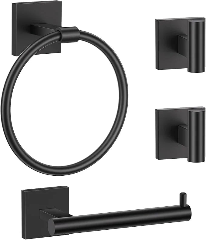 Towel Ring Set 4 Piece Bathroom Hardware Set Includes Towel Ring 2 Towel Hooks and Toilet Paper Holder Stainless Steel Wall Mounted (Matte Black) - ModernBath