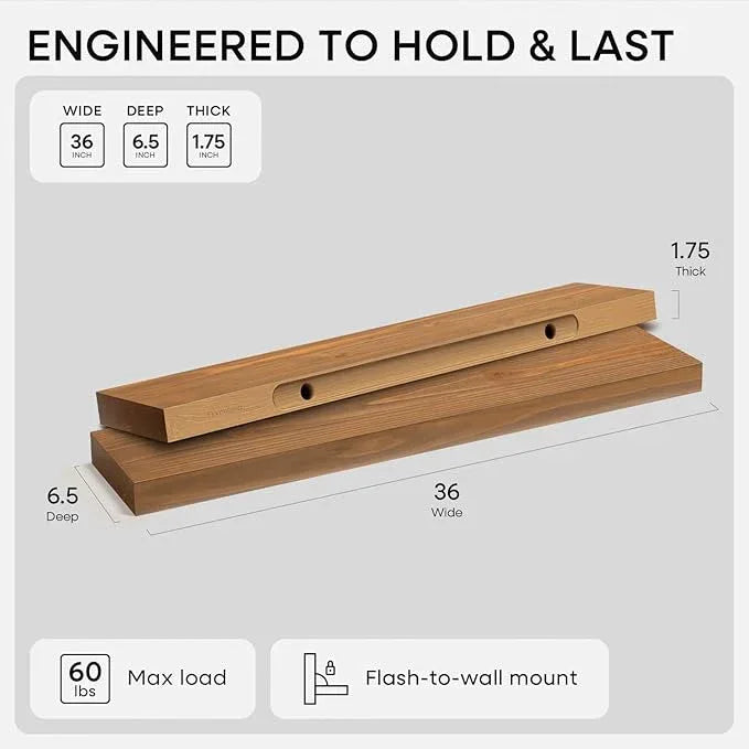 Homeforia 36 inch Golden Oak Floating Shelf, High End Solid Real Wood 36inch Small Floating Shelves for Wall Mounted, Oak Wooden 36in Floating Shelves, Heavy Duty Bracket, 36 X 6.5 X 1.75 in, Set of 4 - ModernBath