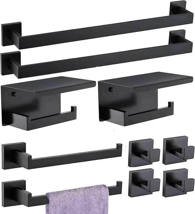 Bathroom Hardware Set 10 Piece Matte Black Bathroom Accessories Set SUS304 Towel Bar Set Includes 2 Towel Bar 24 Inch+2 Towel Holder+2 Toilet Paper Holder+4 Towel Hooks (10, Matte Black) - ModernBath