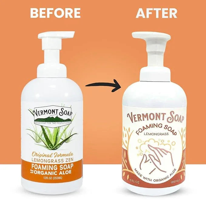 VERMONT SOAP Organic Lemongrass Zen Foaming Hand Soap - Natural Moisturizing Soap for Dry Skin - Fragrance Free Liquid Bathroom Hand Soap Dispenser - Lemongrass Zen - 12 oz - ModernBath