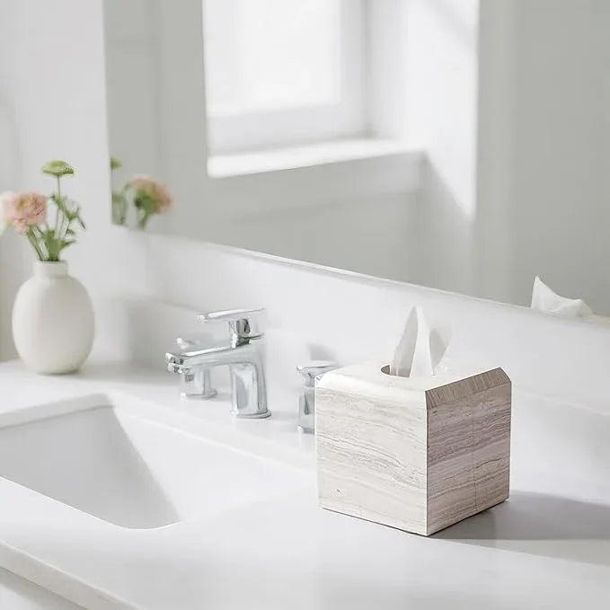 WORHE Tissue Box Cover Italy Natural Marble Heavy Duty Square Facial Toilet Paper Holder for Bathroom Living Room Bedroom Dresser Kitchen Minimalistic Office Home Decor Grey (WH078) - ModernBath